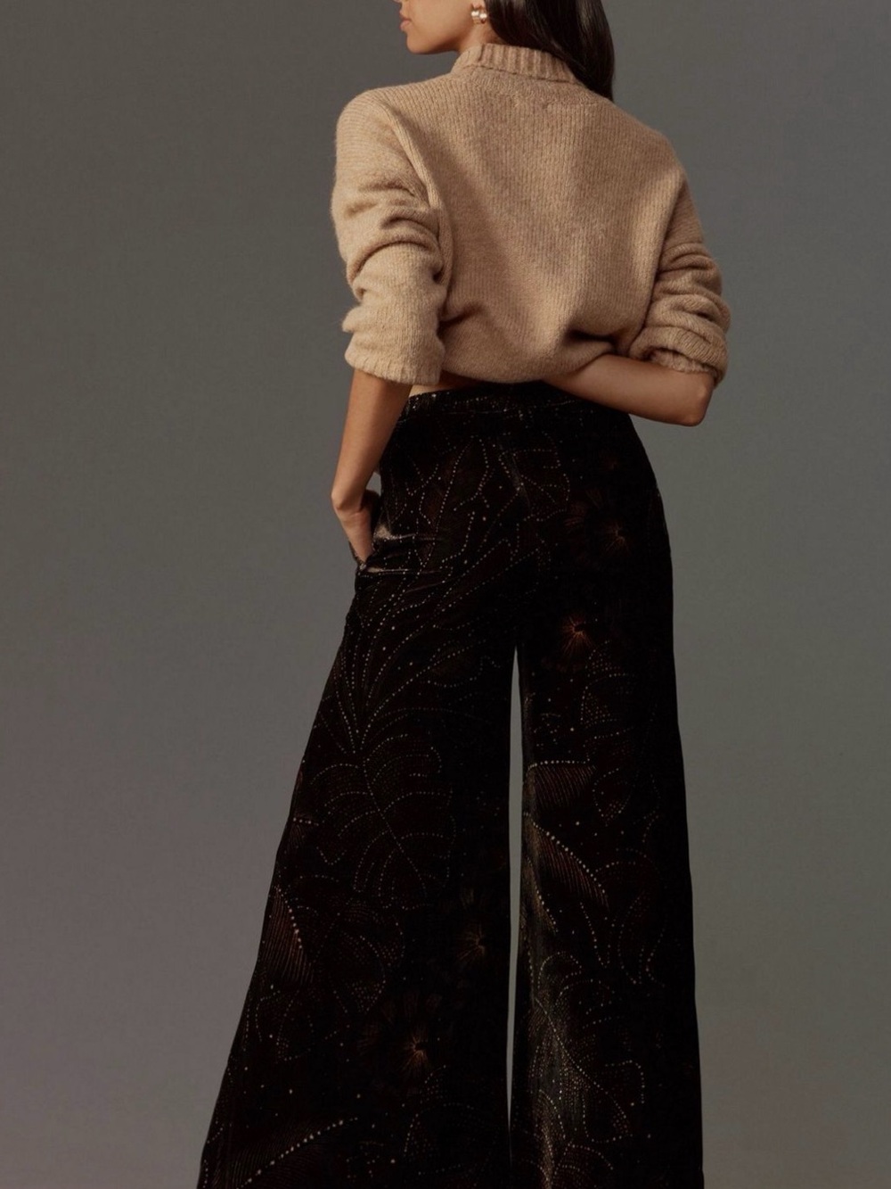 Farm Rio Wide Leg Velvet Pants in Dark Brown - Picture 2 of 6